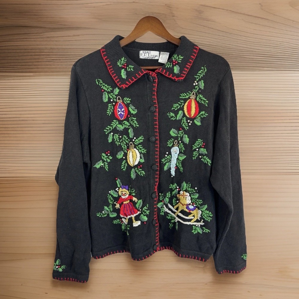 Vintage Cardigan Sweater L Christmas Collared Black Embroidered Beaded Kitsch